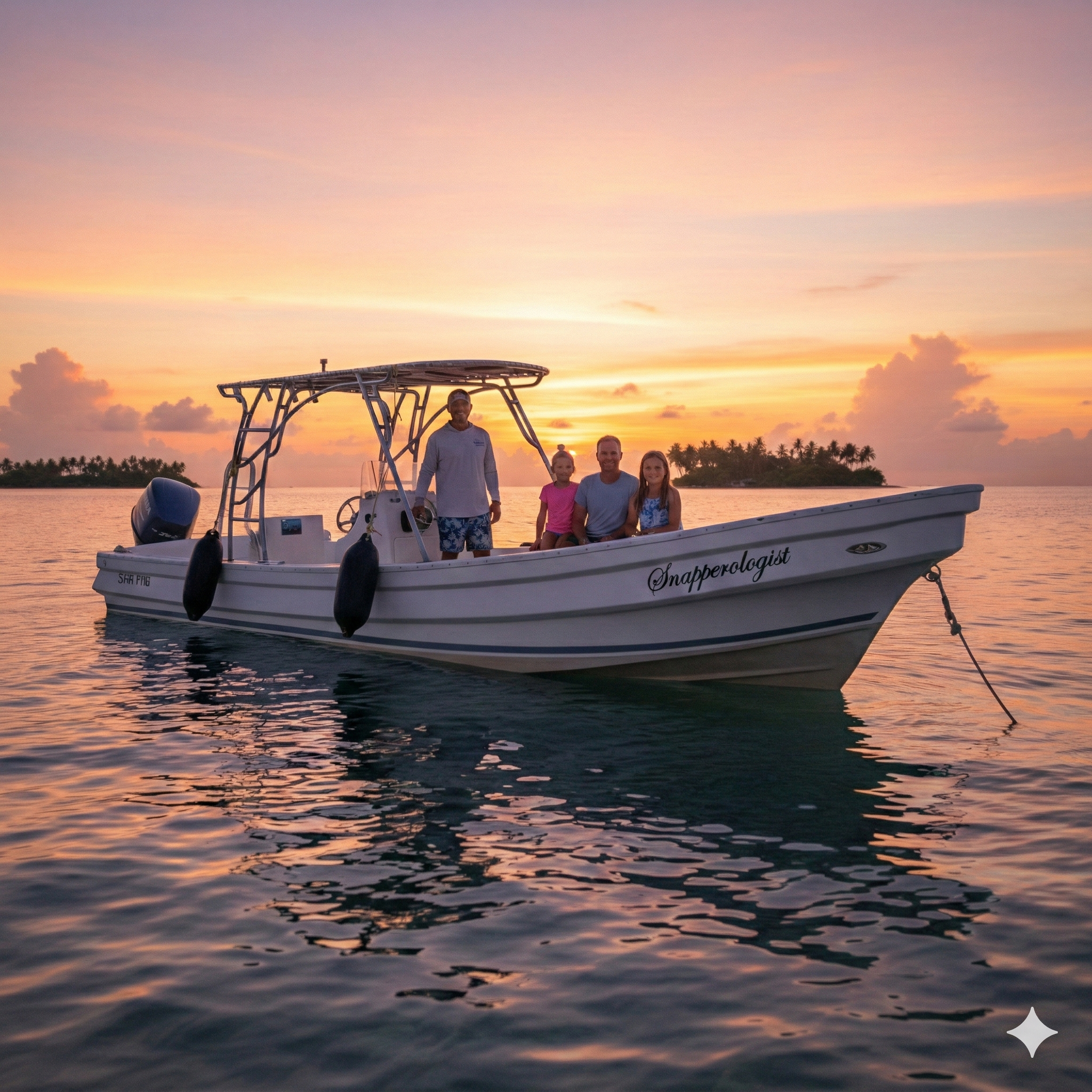 Family on the boat at sunset